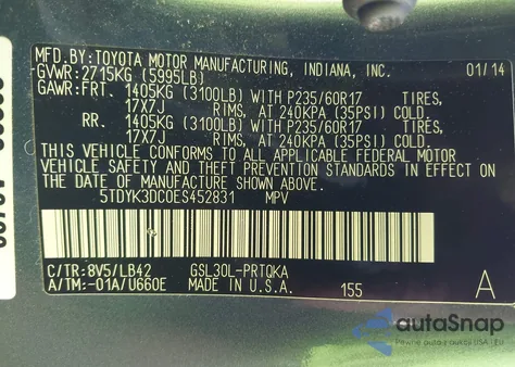 2014 Toyota Sienna Xle V6 8 Passenger из США, поврежденный, VIN 5TDYK3DC0ES452831